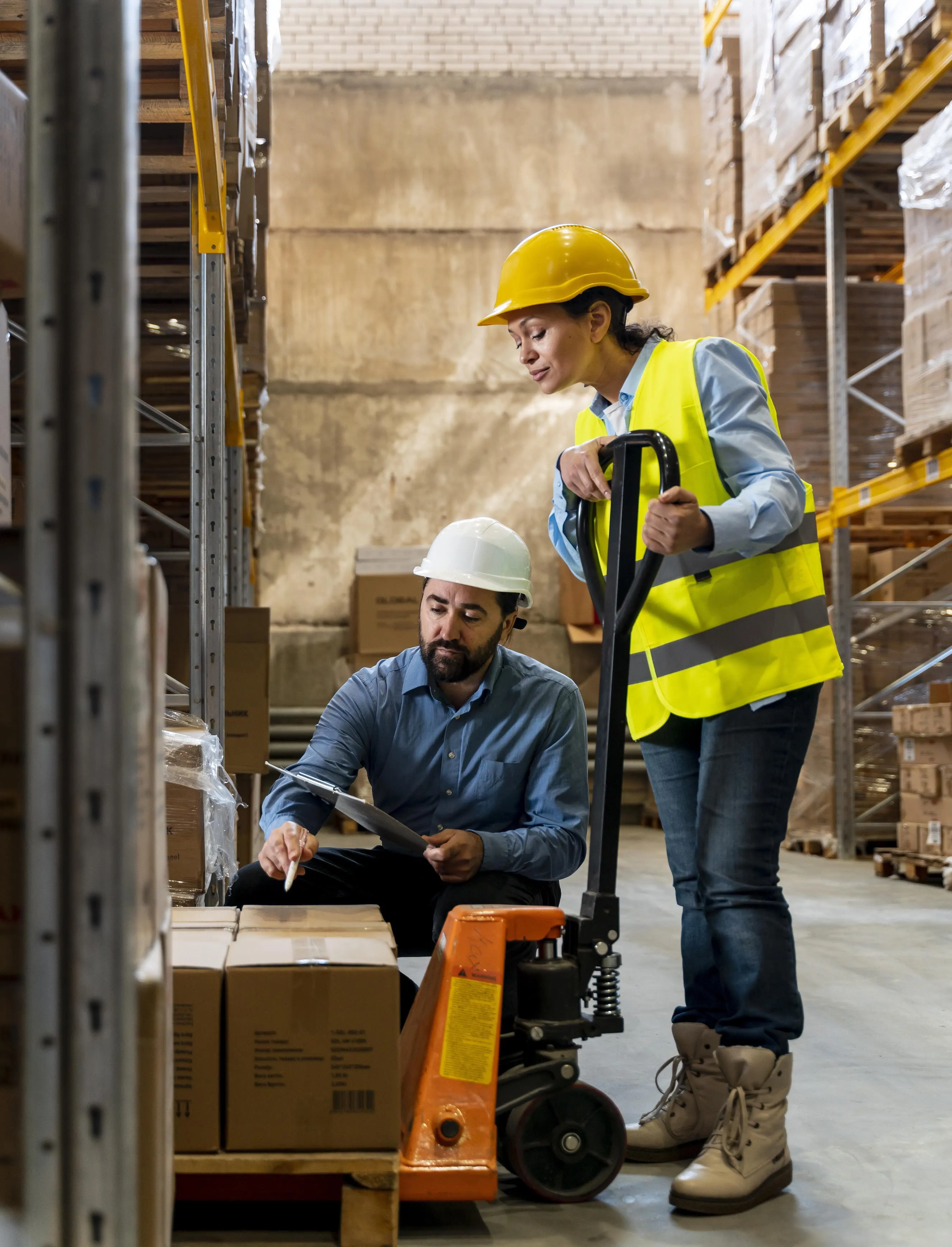 Imagen de dos trabajadores dentro de una bodega.